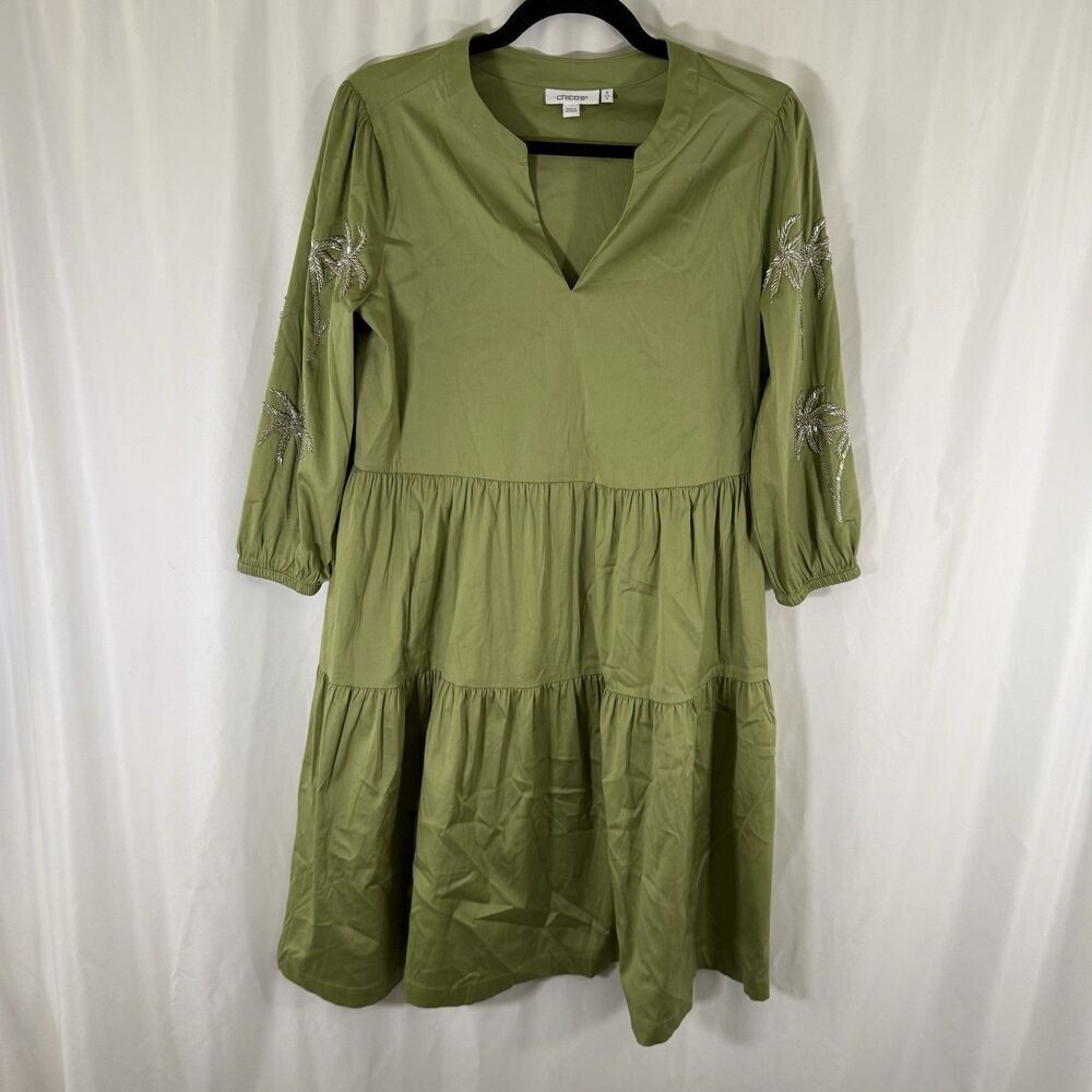 Chico's Dress Women's 4 Solid Green 3/4 Sleeve Palm Tree Vneck Lightweight